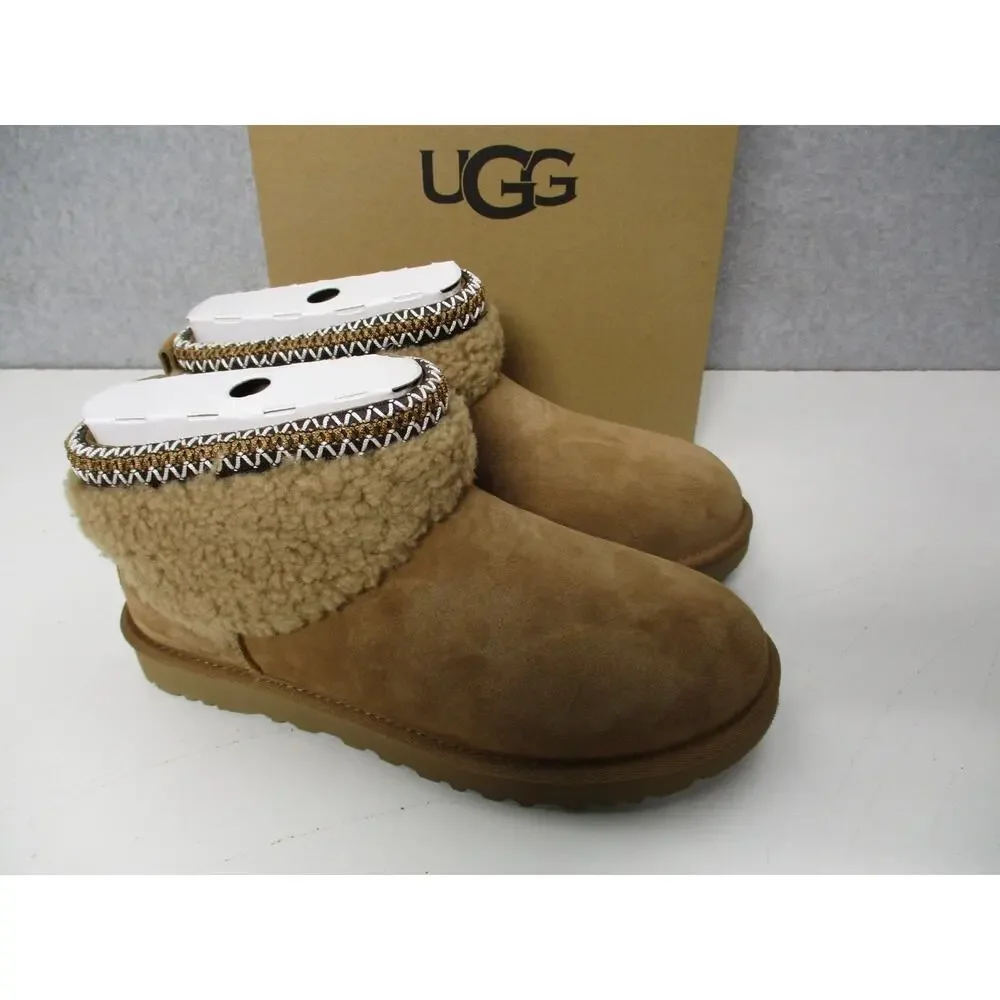 UGG Classic Ultra Mini Maxi Curly Boots Brown Chestnut Womens Sz 8
